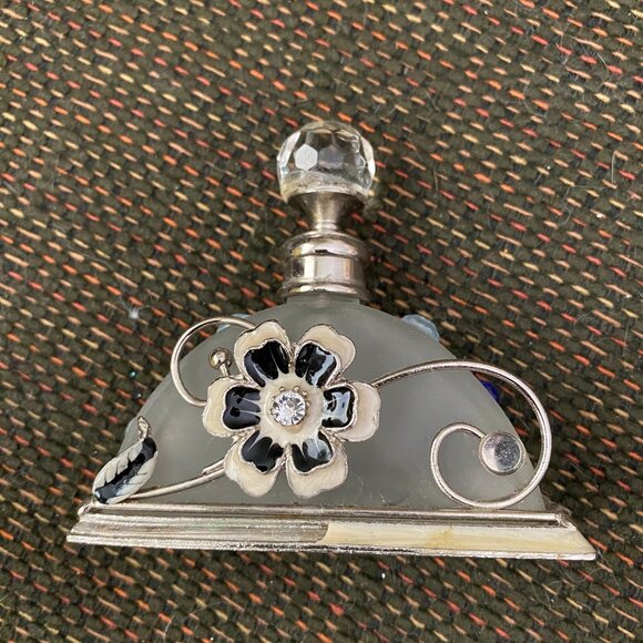 Perfume Bottle With Stopper & Jeweled Holder -Frosted Glass. Rhinestone, flower - Picture 1 of 3
